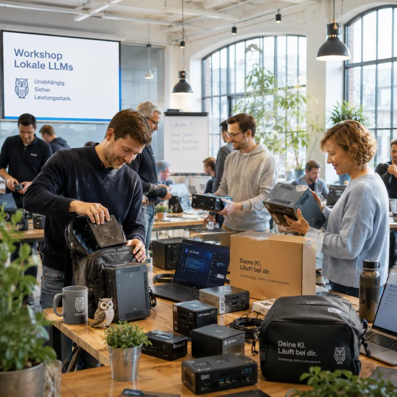 Workshop-Szene: Teilnehmende mit lokaler Mini-PC-Hardware und LM Studio – KI-Bild zum Hands-on-Workshop
