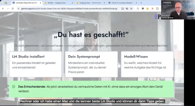 Zoom-Screenshot des LM-Studio-Deep-Dive-Workshops am 5. Juni 2026: Schlussfolie „Du hast es geschafft!" mit den drei Lernzielen — Stefan Weimar oben rechts im PRODOC-Hintergrund
