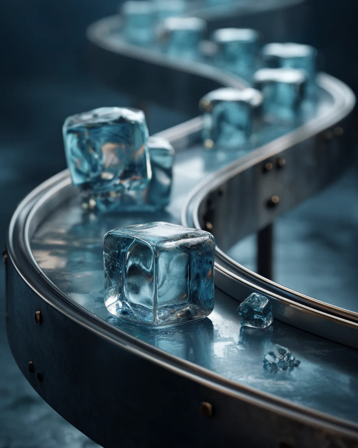 Curated AI image composition by Sanne Jerxsen: a conveyor belt on which every workpiece takes the same path – the same rules for every change