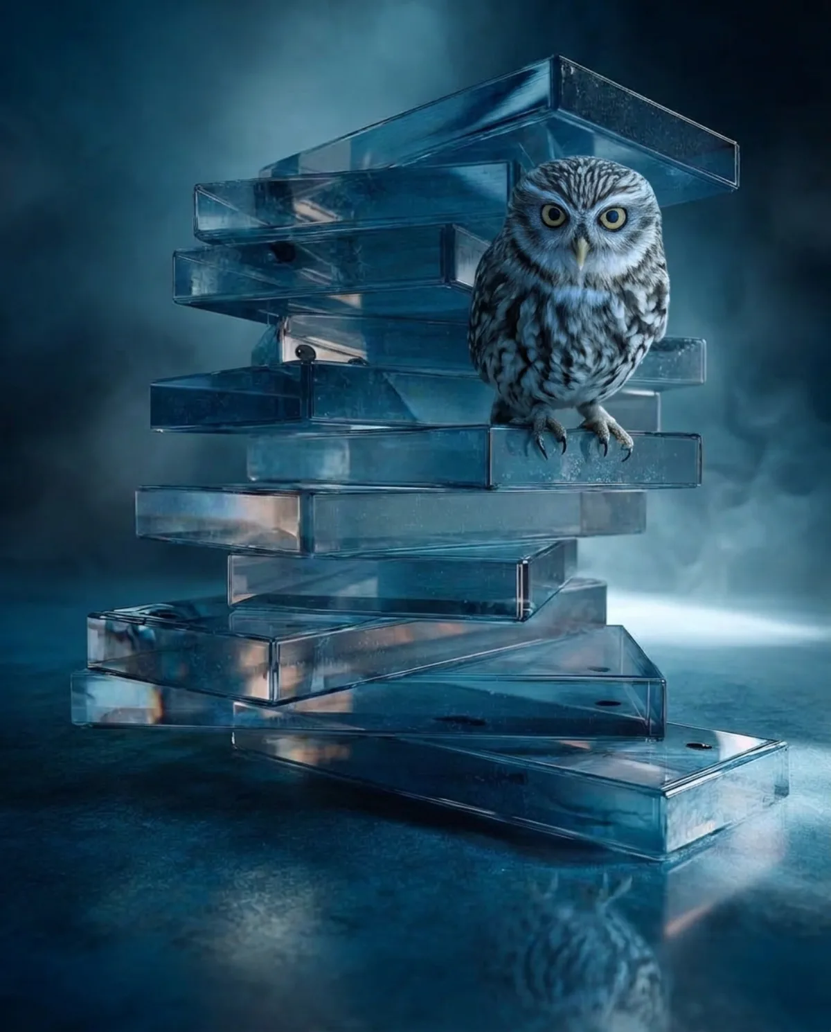 Curated AI image composition by Sanne Jerxsen: a precariously stacked tower of glass slabs as an image for technical, compliance and security debt in AI-assisted software development