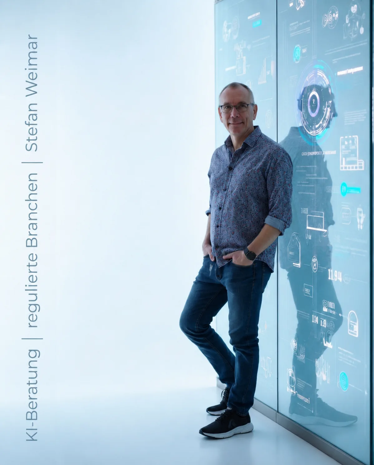 Stefan Weimar lehnt entspannt an einer Glaswand mit eingeblendeten KI-Compliance-Symbolen; eine kleine Eule (PRODOC-Markenicon) sitzt zu seinen Füßen — Symbolbild für AI Compliance Workshops bei PRODOC Digital